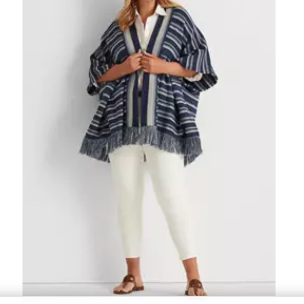 Lauren Ralph Lauren Pre-owned Striped Cotton Fringe Trim Cardigan Size: S/M